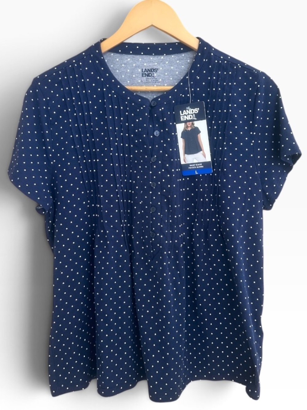 NWT Lands' End Navy Blue Polka Dot Popover Blouse Top Large